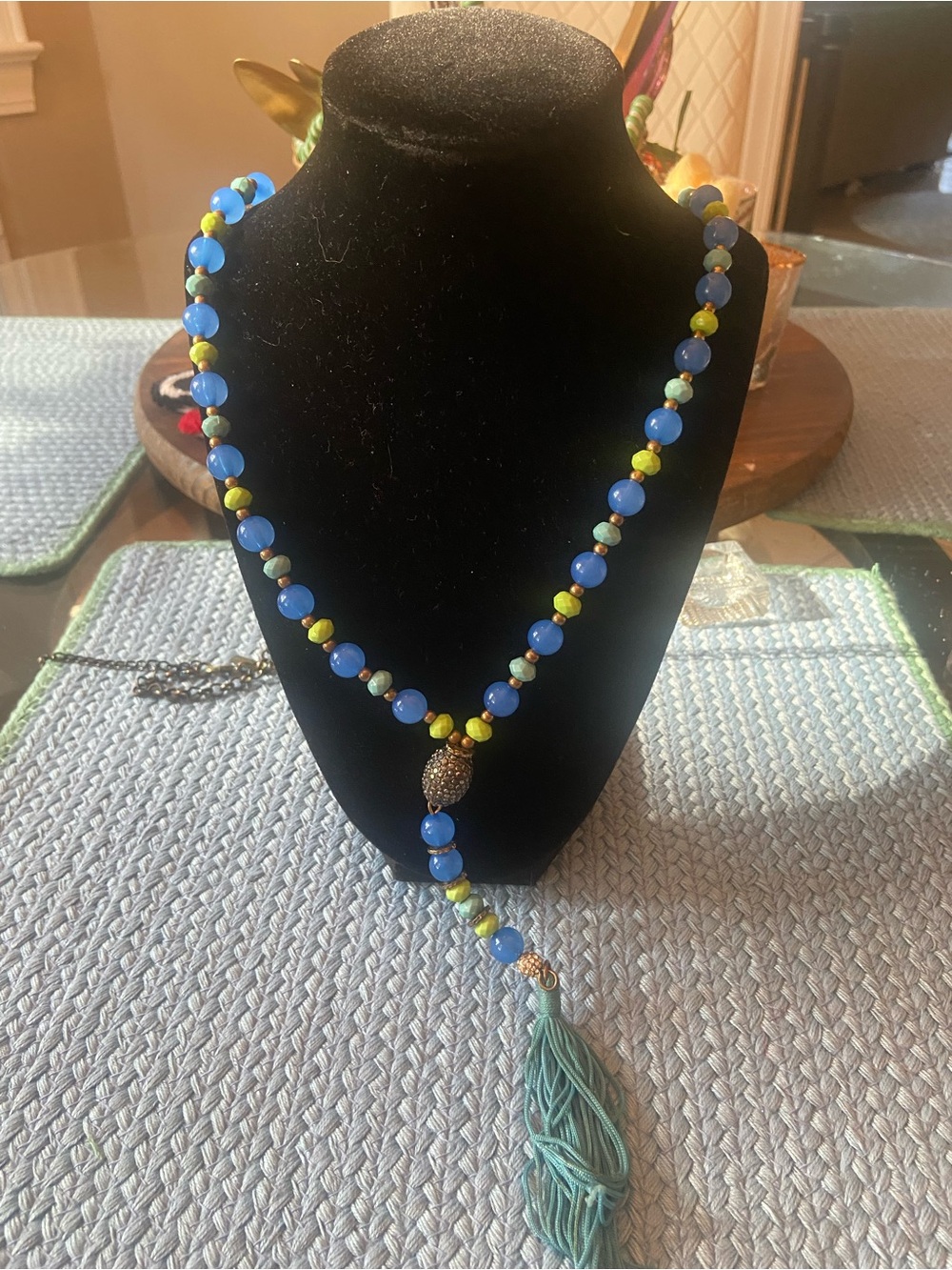 Blue and Green Beaded Tassel Necklace